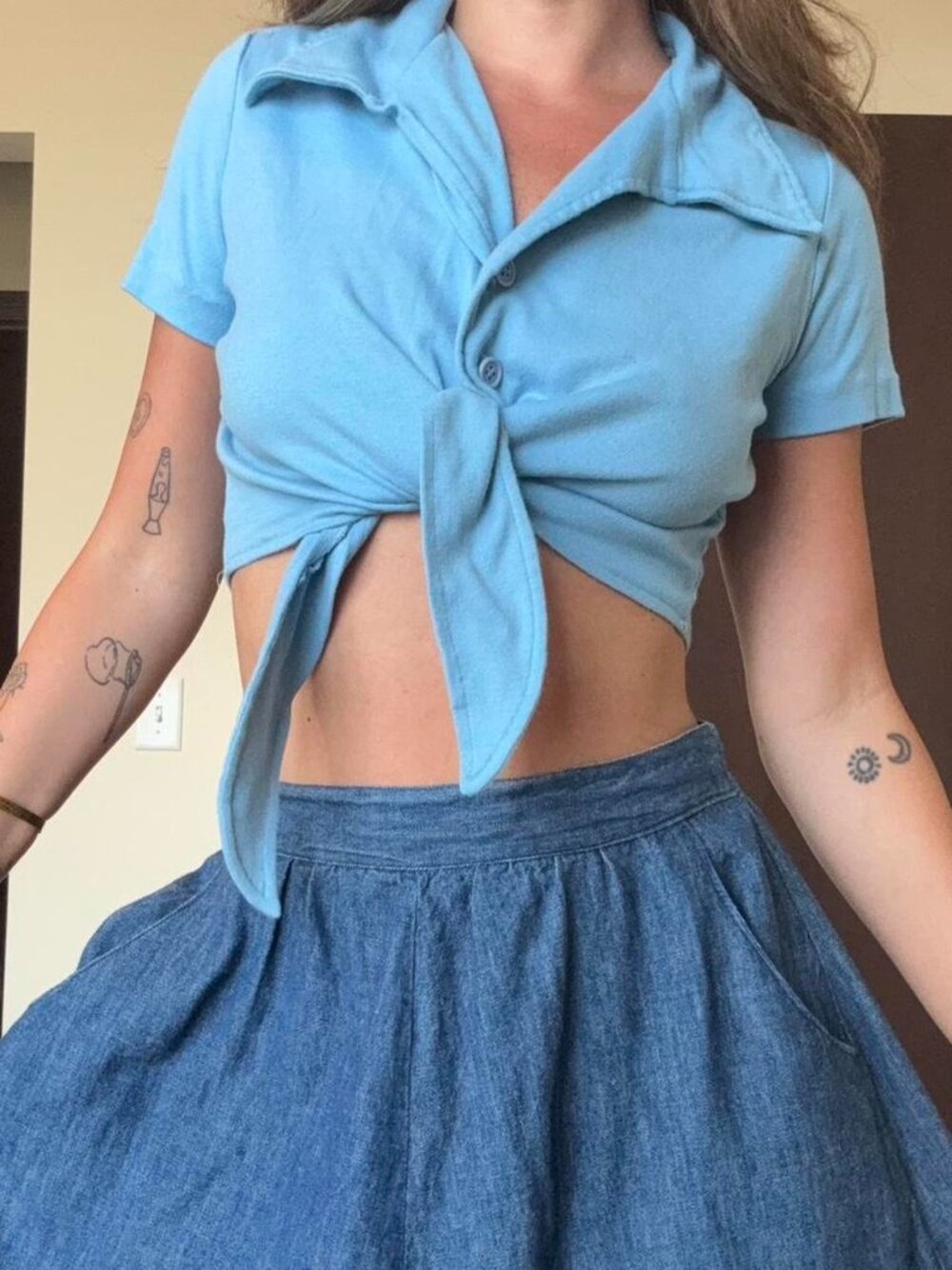 Vintage Garland brand blue tie crop top